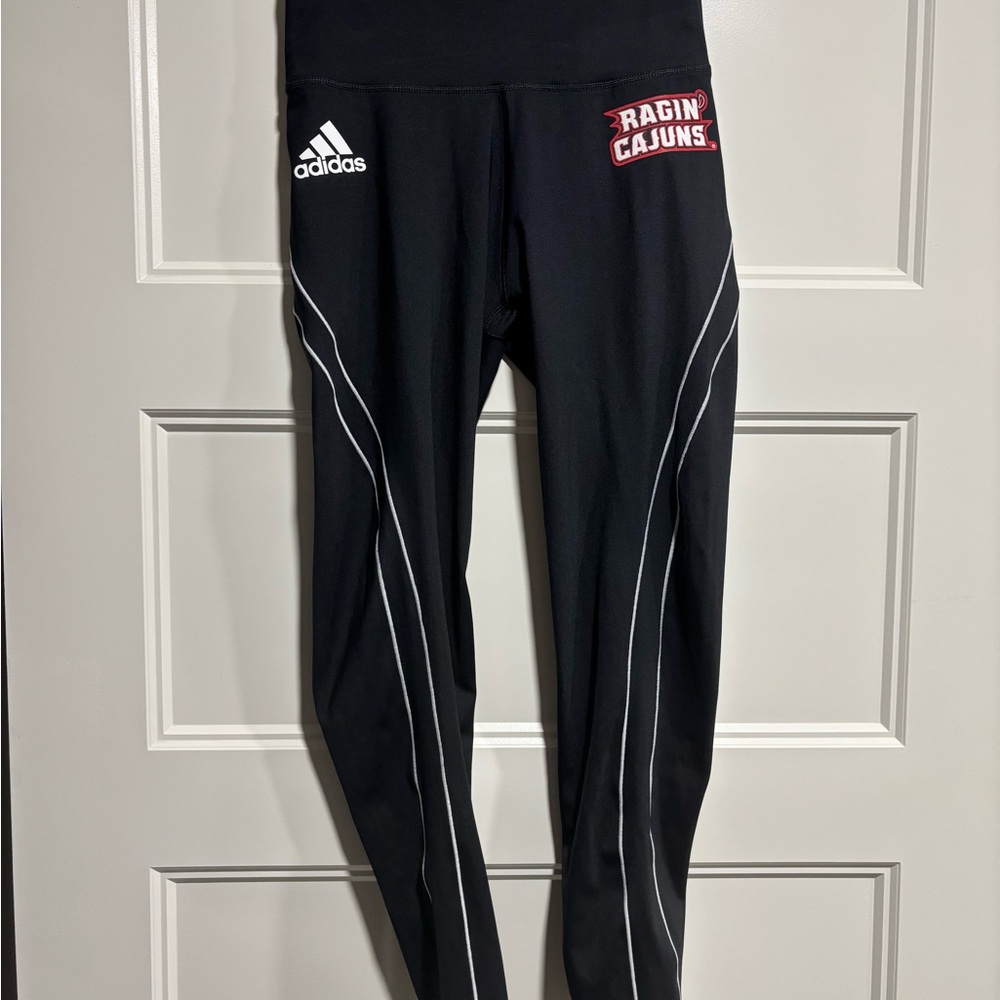 Adidas Women’s Athletic Leggings Black,White Stripes, Ragin’ Cajuns Size Medium